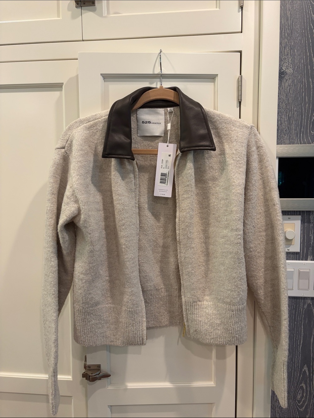 525 America Cream Knit Bomber Jacket with Dark Brown Leather Collar